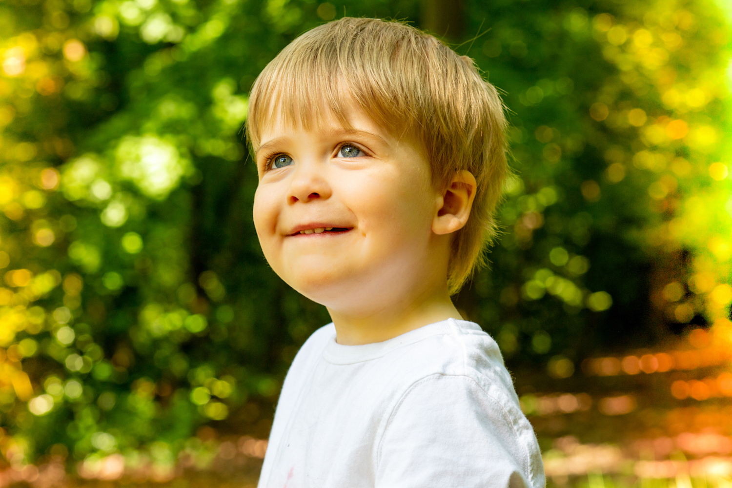 Young boy with blond hair and blue eyes smiling in the garden